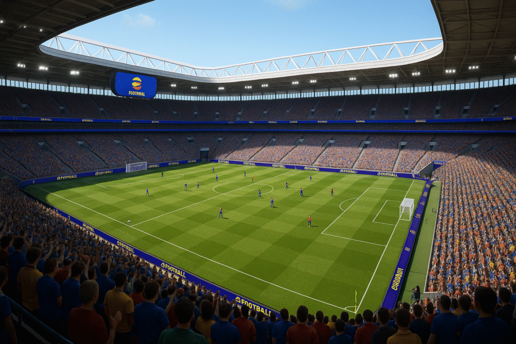 Crowded stadium with players on field efootball
